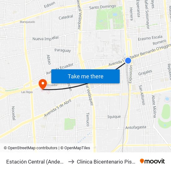 Estación Central (Anden1) to Clinica Bicentenario Piso 7 map