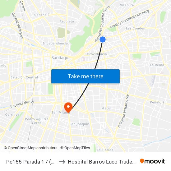 Pc155-Parada 1 / (M) Tobalaba to Hospital Barros Luco Trudeau - kinesiologia map