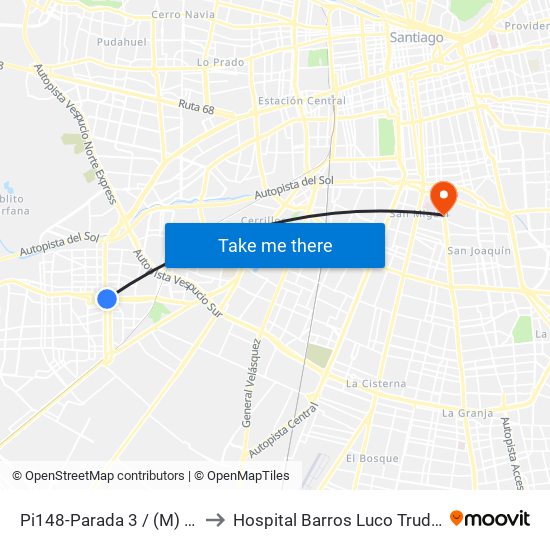 Pi148-Parada 3 / (M) Plaza De Maipú to Hospital Barros Luco Trudeau - kinesiologia map