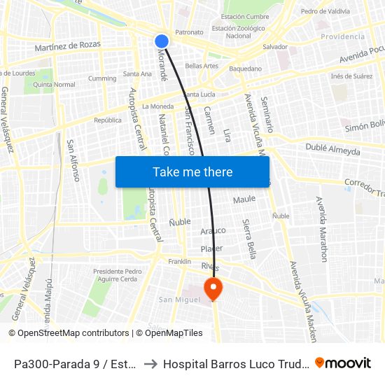 Pa300-Parada 9 / Estación Mapocho to Hospital Barros Luco Trudeau - kinesiologia map