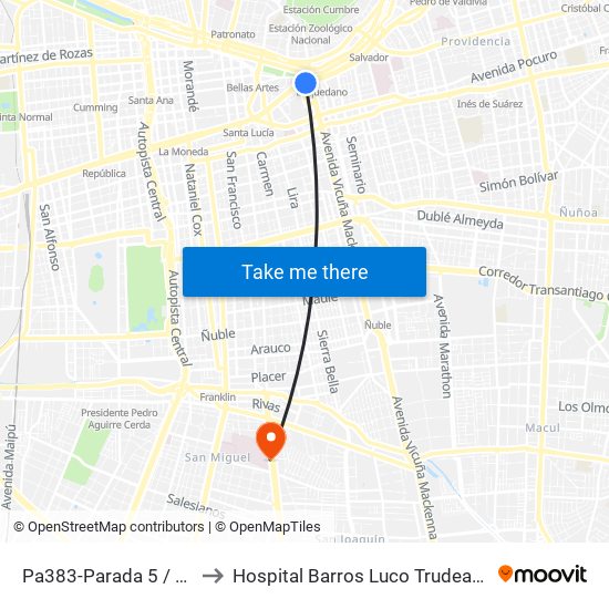 Pa383-Parada 5 / Plaza Italia to Hospital Barros Luco Trudeau - kinesiologia map