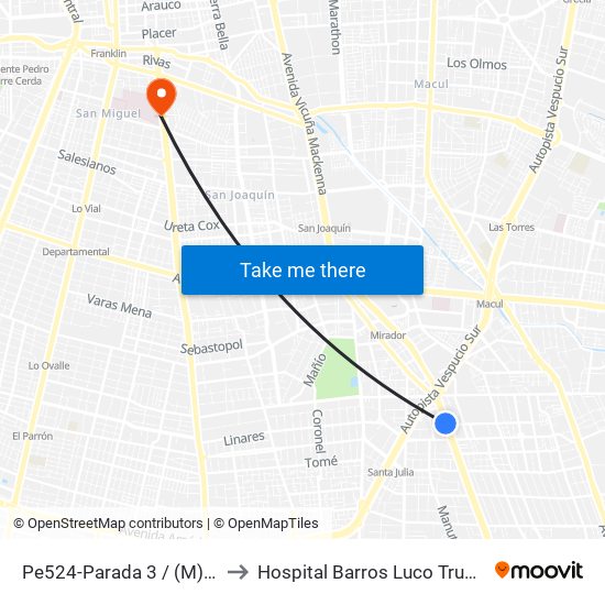 Pe524-Parada 3 / (M) Vicente Valdés to Hospital Barros Luco Trudeau - kinesiologia map