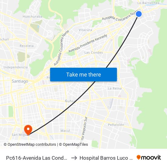 Pc616-Avenida Las Condes / Esq. Sn. Fco. De Asís to Hospital Barros Luco Trudeau - kinesiologia map