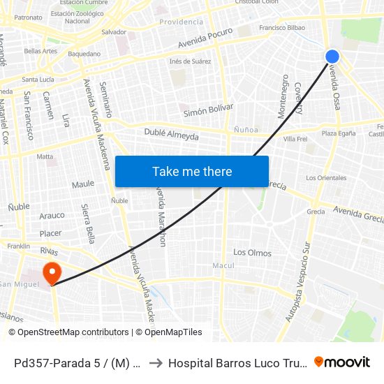 Pd357-Parada 5 / (M) Príncipe De Gales to Hospital Barros Luco Trudeau - kinesiologia map