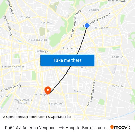 Pc60-Av. Américo Vespucio / Esq. Av. Pdte. Kennedy to Hospital Barros Luco Trudeau - kinesiologia map