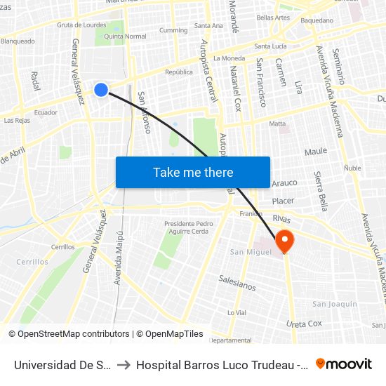 Universidad De Santiago to Hospital Barros Luco Trudeau - kinesiologia map