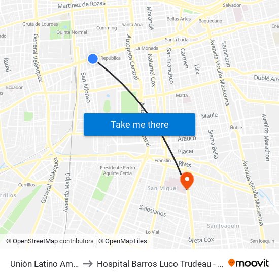 Unión Latino Americana to Hospital Barros Luco Trudeau - kinesiologia map