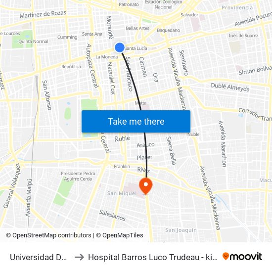 Universidad De Chile to Hospital Barros Luco Trudeau - kinesiologia map