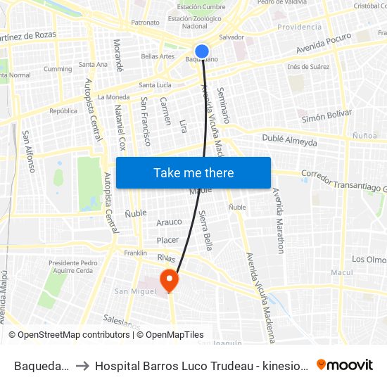 Baquedano to Hospital Barros Luco Trudeau - kinesiologia map