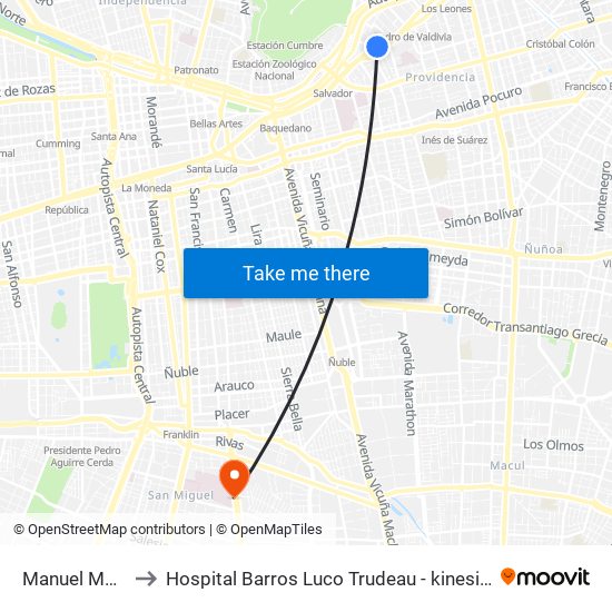 Manuel Montt to Hospital Barros Luco Trudeau - kinesiologia map