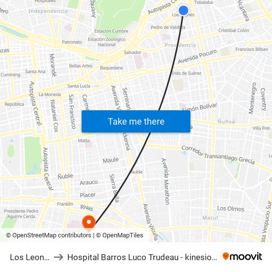 Los Leones to Hospital Barros Luco Trudeau - kinesiologia map