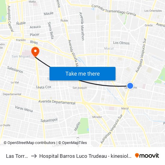 Las Torres to Hospital Barros Luco Trudeau - kinesiologia map