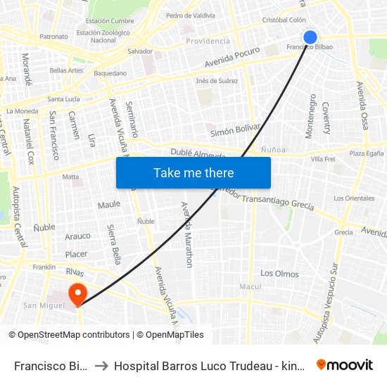 Francisco Bilbao to Hospital Barros Luco Trudeau - kinesiologia map