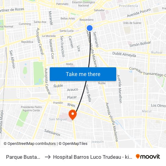 Parque Bustamante to Hospital Barros Luco Trudeau - kinesiologia map