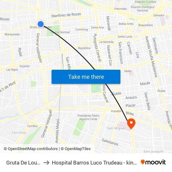 Gruta De Lourdes to Hospital Barros Luco Trudeau - kinesiologia map