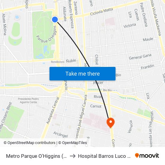 Metro Parque O'Higgins (Av. Tupper Esq. Av. Viel) to Hospital Barros Luco Trudeau - kinesiologia map