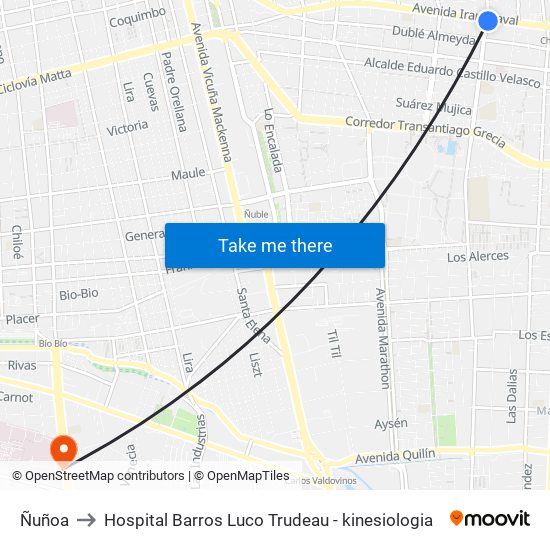 Ñuñoa to Hospital Barros Luco Trudeau - kinesiologia map