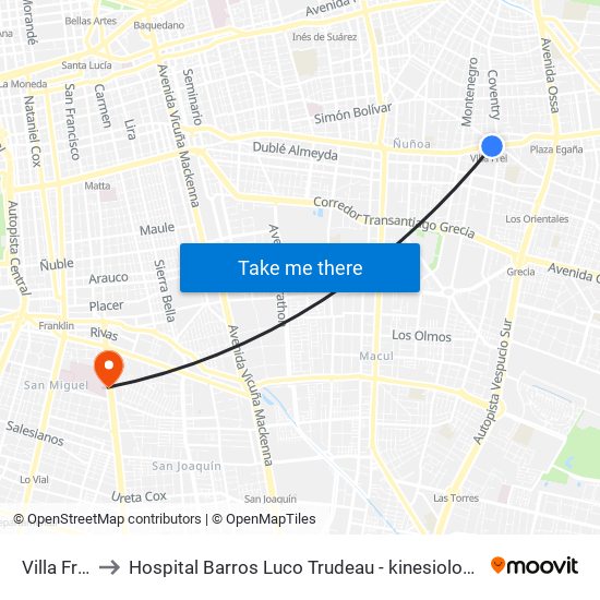 Villa Frei to Hospital Barros Luco Trudeau - kinesiologia map