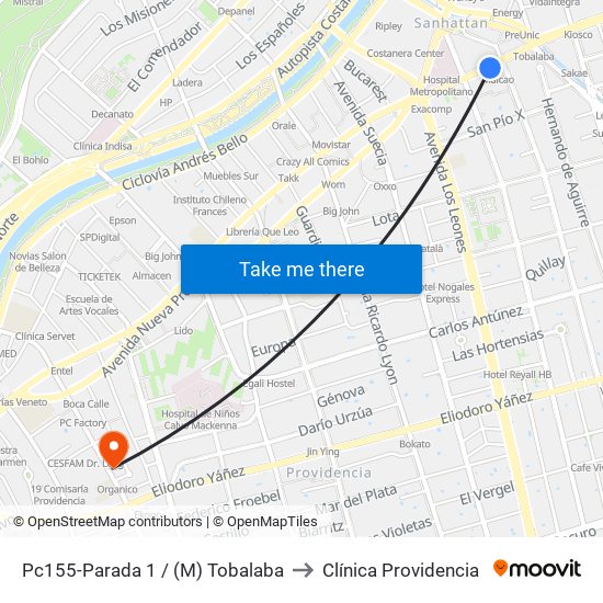 Pc155-Parada 1 / (M) Tobalaba to Clínica Providencia map