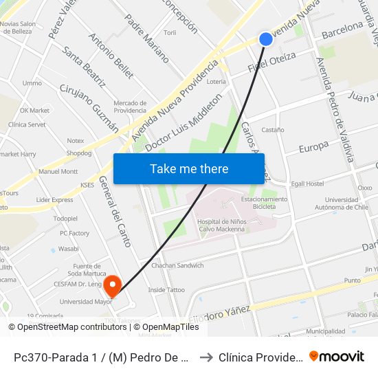 Pc370-Parada 1 / (M) Pedro De Valdivia to Clínica Providencia map