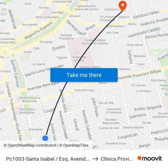 Pc1003-Santa Isabel / Esq. Avenida Seminario to Clínica Providencia map