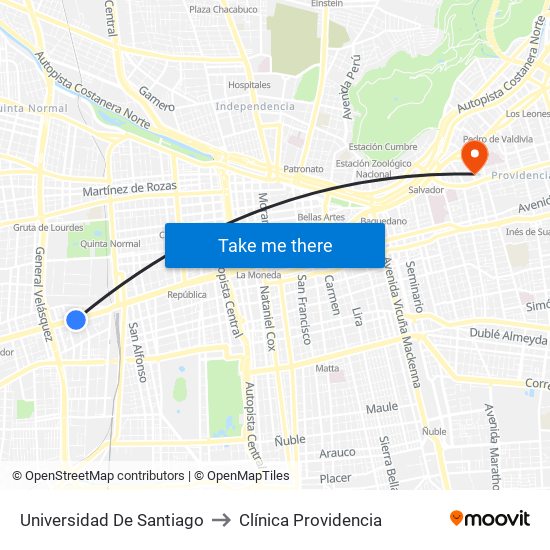 Universidad De Santiago to Clínica Providencia map