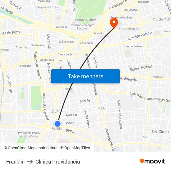 Franklin to Clínica Providencia map