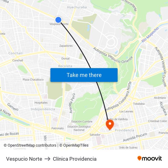 Vespucio Norte to Clínica Providencia map