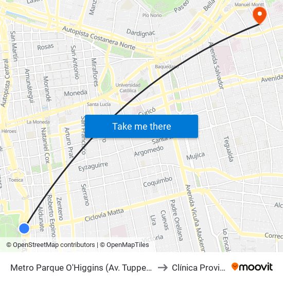 Metro Parque O'Higgins (Av. Tupper Esq. Av. Viel) to Clínica Providencia map