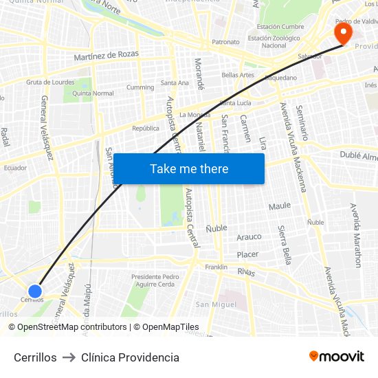 Cerrillos to Clínica Providencia map