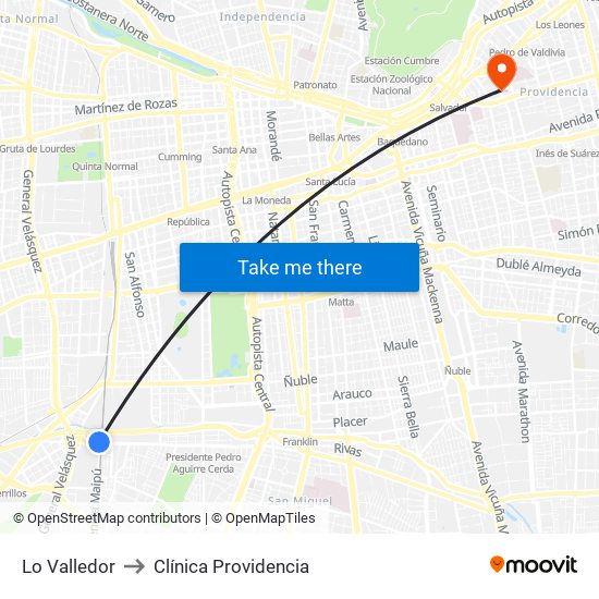 Lo Valledor to Clínica Providencia map