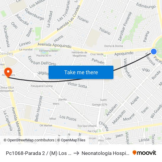 Pc1068-Parada 2 / (M) Los Dominicos to Neonatología Hospital FACH map