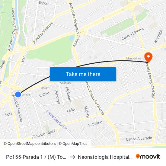 Pc155-Parada 1 / (M) Tobalaba to Neonatología Hospital FACH map