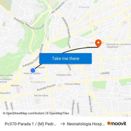 Pc370-Parada 1 / (M) Pedro De Valdivia to Neonatología Hospital FACH map