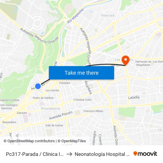 Pc317-Parada / Clínica Indisa to Neonatología Hospital FACH map