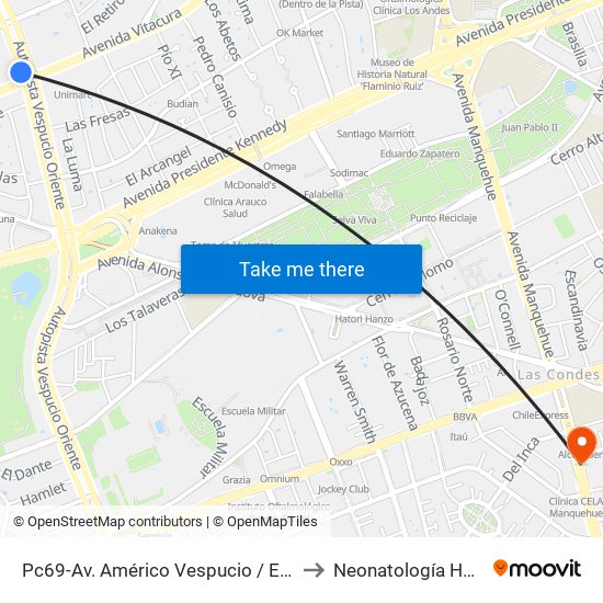 Pc69-Av. Américo Vespucio / Esq. Avenida Vitacura to Neonatología Hospital FACH map