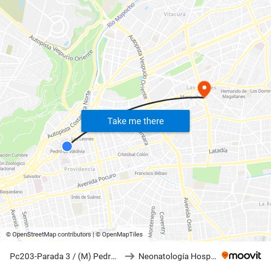 Pc203-Parada 3 / (M) Pedro De Valdivia to Neonatología Hospital FACH map
