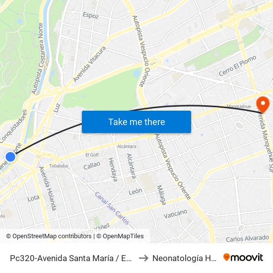 Pc320-Avenida Santa María / Esq. Puente Los Leones to Neonatología Hospital FACH map