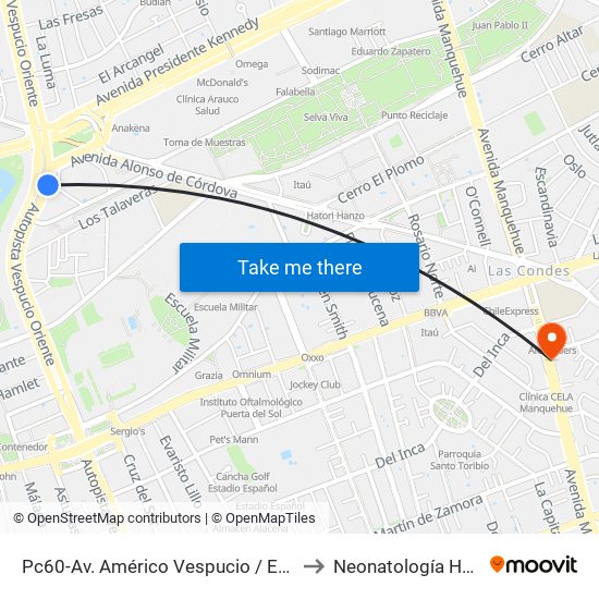 Pc60-Av. Américo Vespucio / Esq. Av. Pdte. Kennedy to Neonatología Hospital FACH map