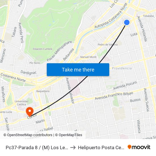 Pc37-Parada 8 / (M) Los Leones to Helipuerto Posta Central map