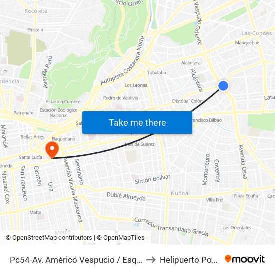 Pc54-Av. Américo Vespucio / Esq. Av. Cristóbal Colón to Helipuerto Posta Central map