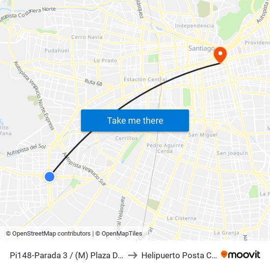 Pi148-Parada 3 / (M) Plaza De Maipú to Helipuerto Posta Central map