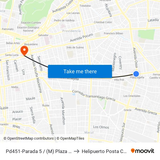 Pd451-Parada 5 / (M) Plaza Egaña to Helipuerto Posta Central map