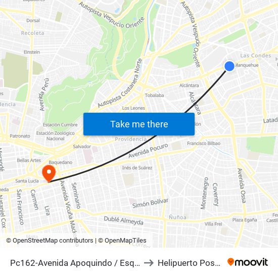 Pc162-Avenida Apoquindo / Esq. Rosa O'Higgins to Helipuerto Posta Central map