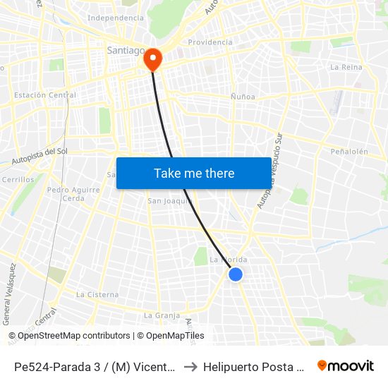 Pe524-Parada 3 / (M) Vicente Valdés to Helipuerto Posta Central map