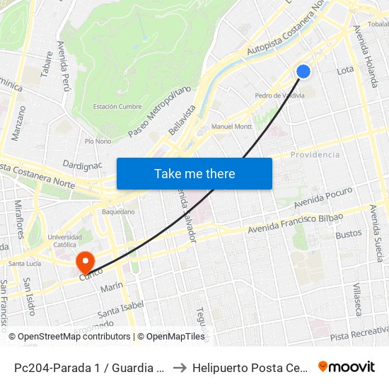 Pc204-Parada 1 / Guardia Vieja to Helipuerto Posta Central map