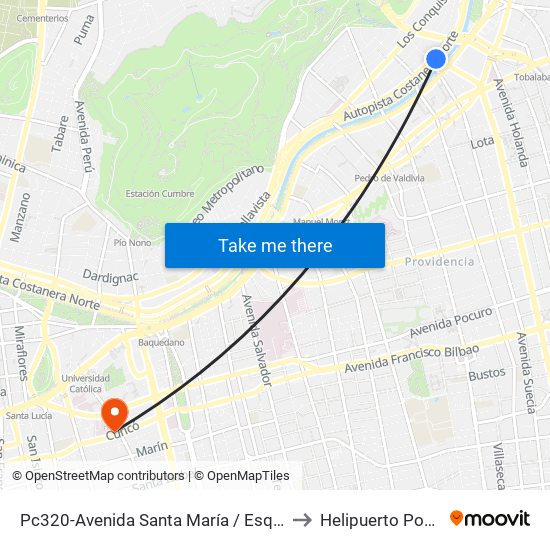 Pc320-Avenida Santa María / Esq. Puente Los Leones to Helipuerto Posta Central map