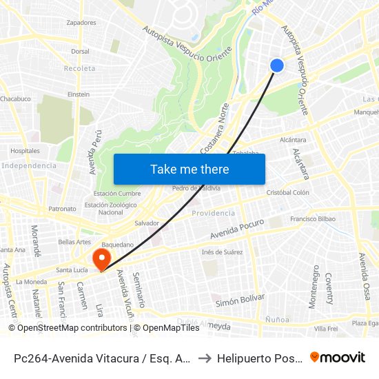 Pc264-Avenida Vitacura / Esq. Alonso De Córdova to Helipuerto Posta Central map