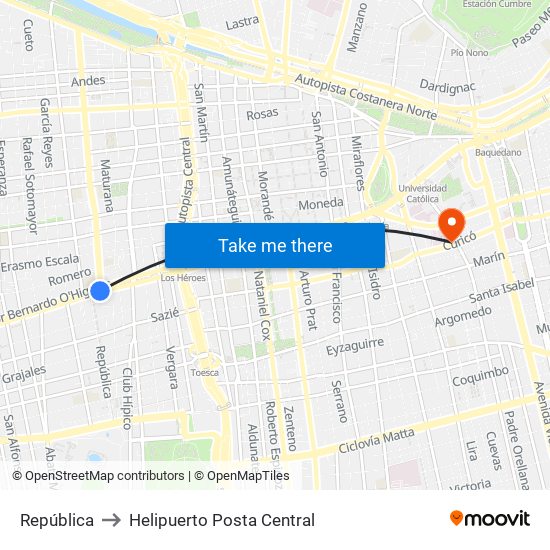 República to Helipuerto Posta Central map