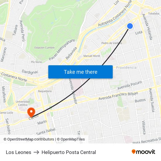 Los Leones to Helipuerto Posta Central map